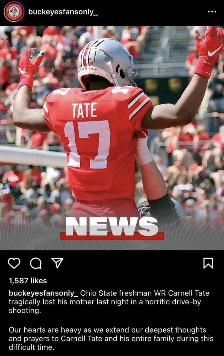 NateLewis77's tweet photo. Time to put the rivalry to the side for a better cause. OSU WR Carnell Tate’s mom was murdered last night. I wouldn’t wish that on ANYONE. Prayers for that young man and his family. 🙏🏾🙏🏾 #Biggerthanthegame https://t.co/9Y7pvU0T7j