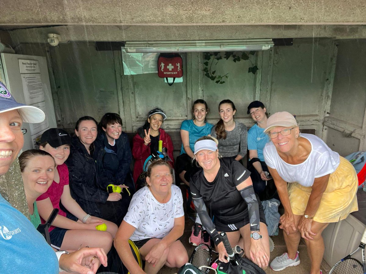 BGSCTennis's tweet photo. How many players can you fit in the "shed" BG? 12 the Ladies C team worked out when they got rained off this afternoon in the @handwtennis league match, so they watch the Wimbledon finals instead.#raindelay #teambg #ohwell #Wimbledon #alcaraz @the_LTA @LTACompetitions  @wimbledon https://t.co/3ZdUbWwAro