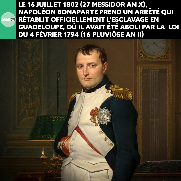 bigiditv's tweet photo. 🔴[#ALERTE] Le 16 juillet 1802 (27 messidor an X), #Napoléon Bonaparte, Premier Consul, prend un arrêté qui rétablit officiellement #esclavage en #Guadeloupe, où il avait été aboli par la  loi du 4 février 1794 (16 pluviôse an II). #mémoire #histoire #commémoration https://t.co/qJupDQA3hq