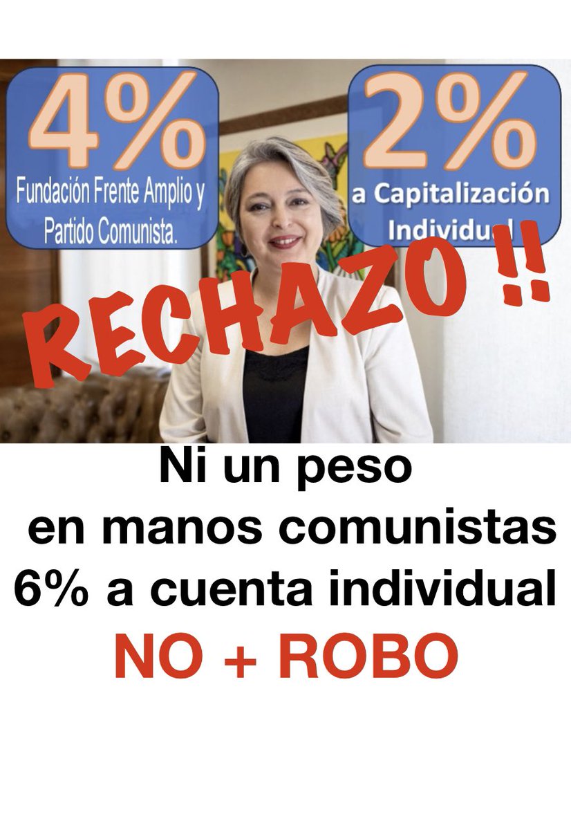 VisceralPatriot's tweet photo. Una comunista dice que de nuestro nuevo 6% de ahorro para pensión, el 4% lo van a administrar ellos. JA! 

Platita fresca para sus actividades de activismo territorial, estás de acuerdo? 

#ConMiPlataNO #Chile #Basta #Fundaciones #BoricLadron #GobiernoCorrupto https://t.co/SWYg7RaJ7F
