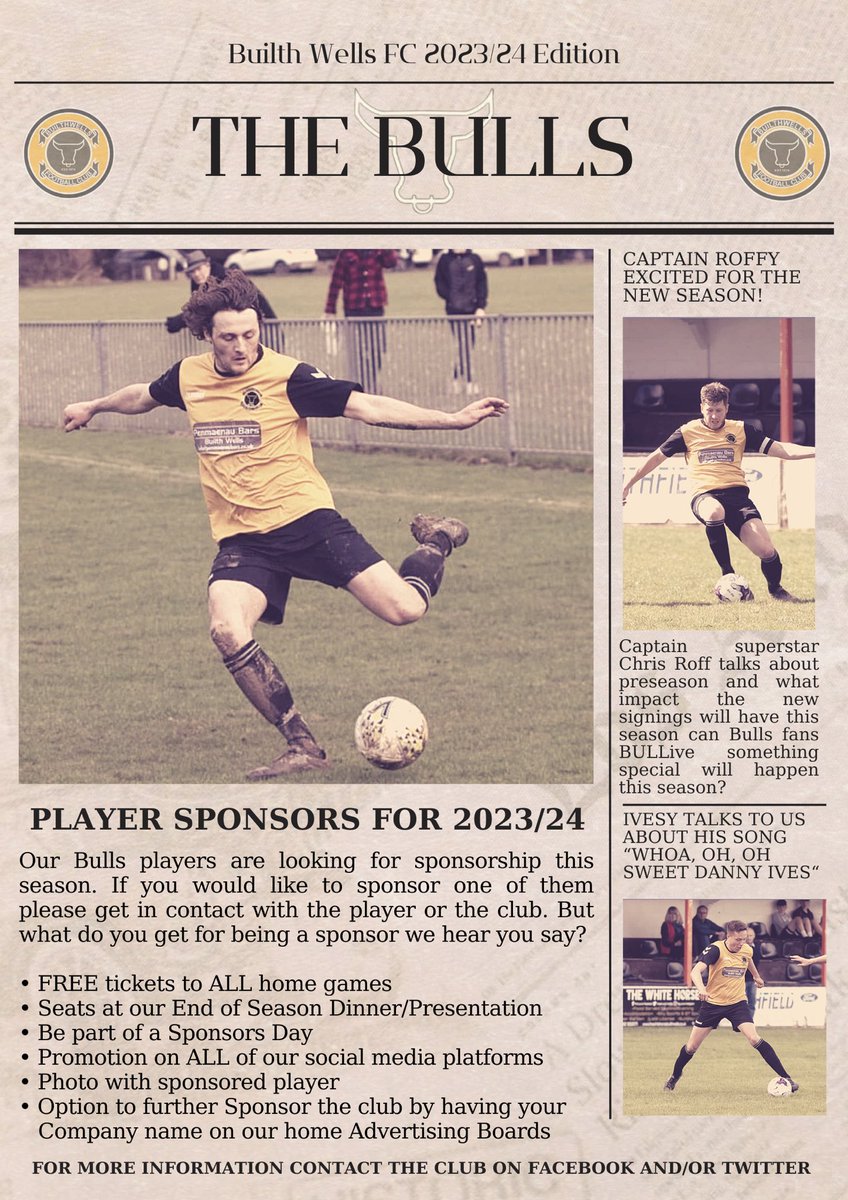 PLAYER SPONSORS | Our 1st team players are looking for sponsors ahead of the 2023/24 season.

If you would like to sponsor a player please get in touch with the club or the player (if you know them).

We’d love you to support our Bulls!

🐂🟠⚫️