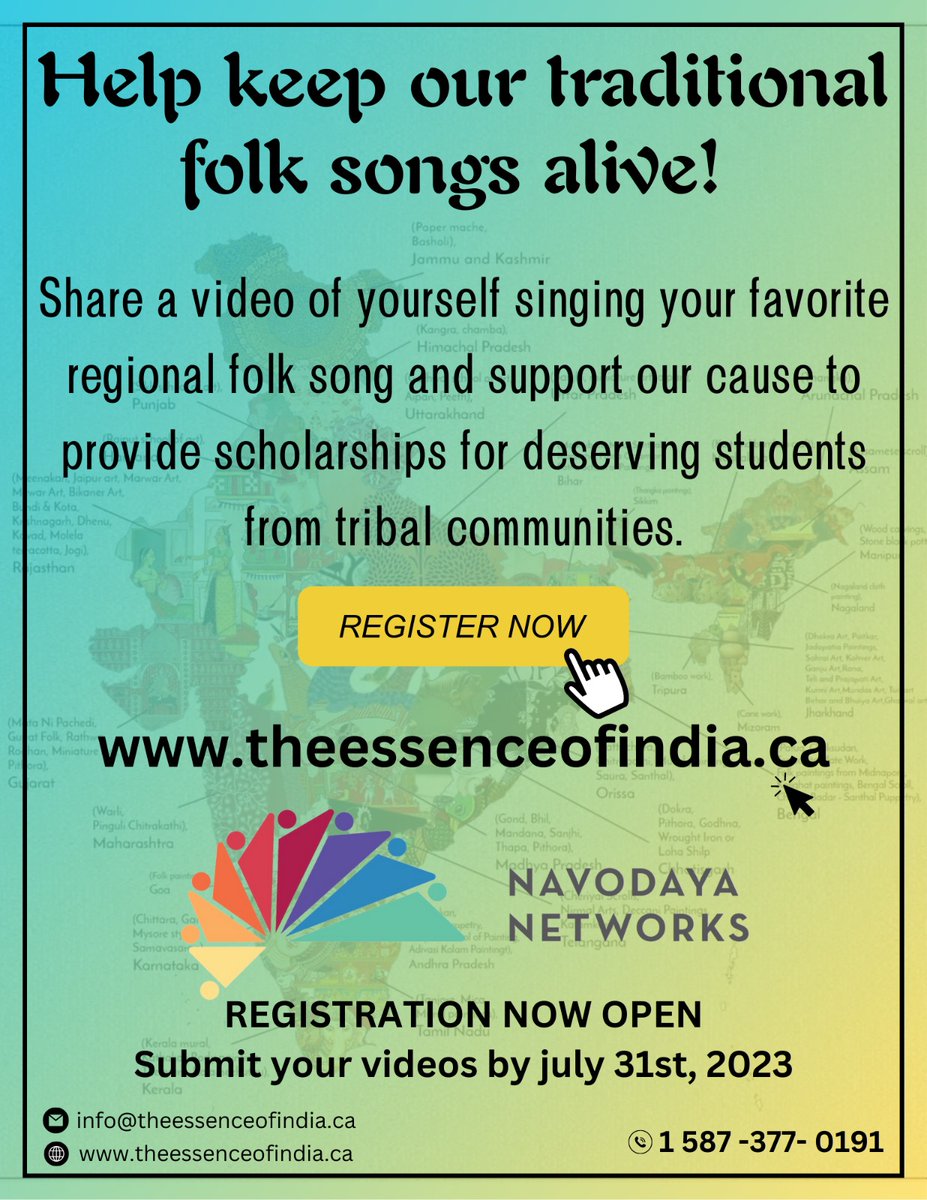 ArtsCultureNGF's tweet photo. For Indians in Canada ... this is your opportunity to showcase our rich culture of India
#EssenceOfIndia #NGF #NavodayaGlobalFellowship #Canada #India https://t.co/O5e1jxtwtV