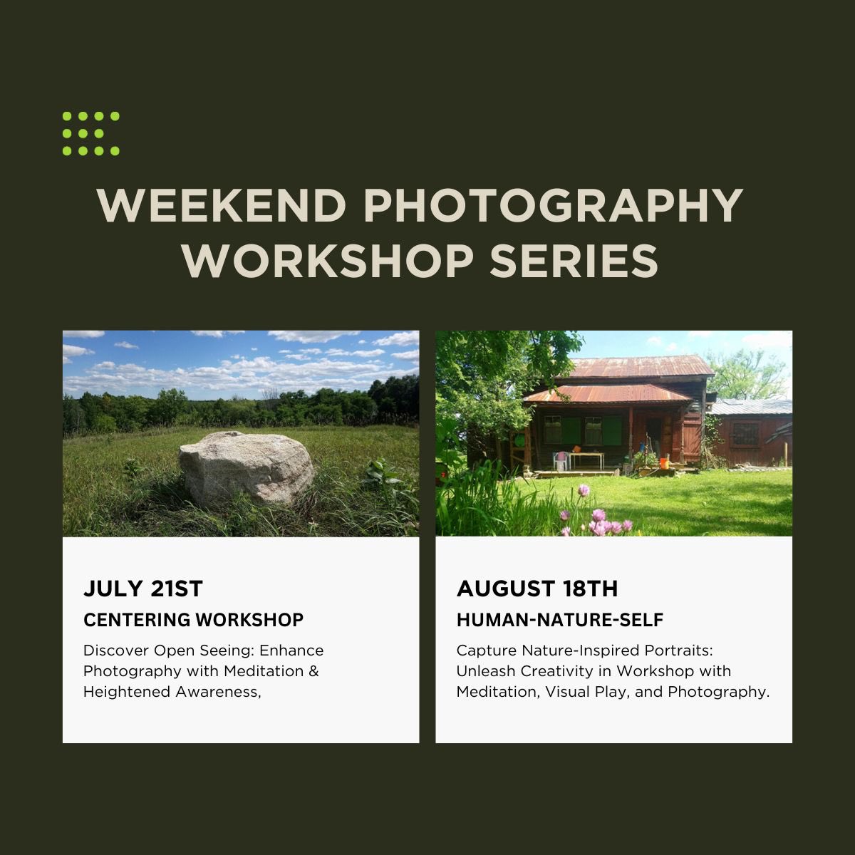 CSOCADU's tweet photo. Immerse yourself in relaxed and intimate photography workshops at Shibagau Creek Forest Farmstead! 🌿

Led by retired OCAD University professor, Peter Sramek, these workshops offer a serene 100-acre retreat with open fields, pine forests, and marshland. https://t.co/LCsmeVT3UH