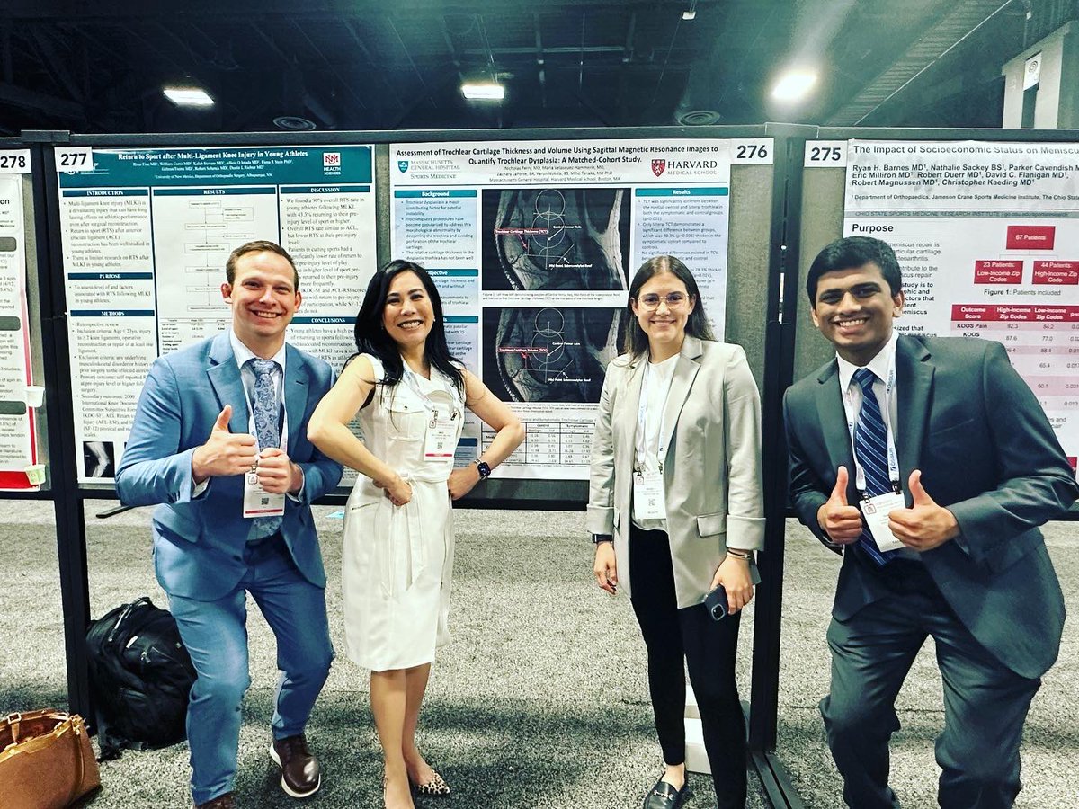DrMihoTanaka's tweet image. Congratulations and thanks to our #MGHSports fellow Nic Perry, research fellow @MariaVelasquezH , research coordinator Varun Nukala &amp;amp; @FARIL_MGH fellow @RonBhimani for some great projects and a strong showing for @MassGeneralNews @harvardortho at @AOSSM_SportsMed #aossm2023!