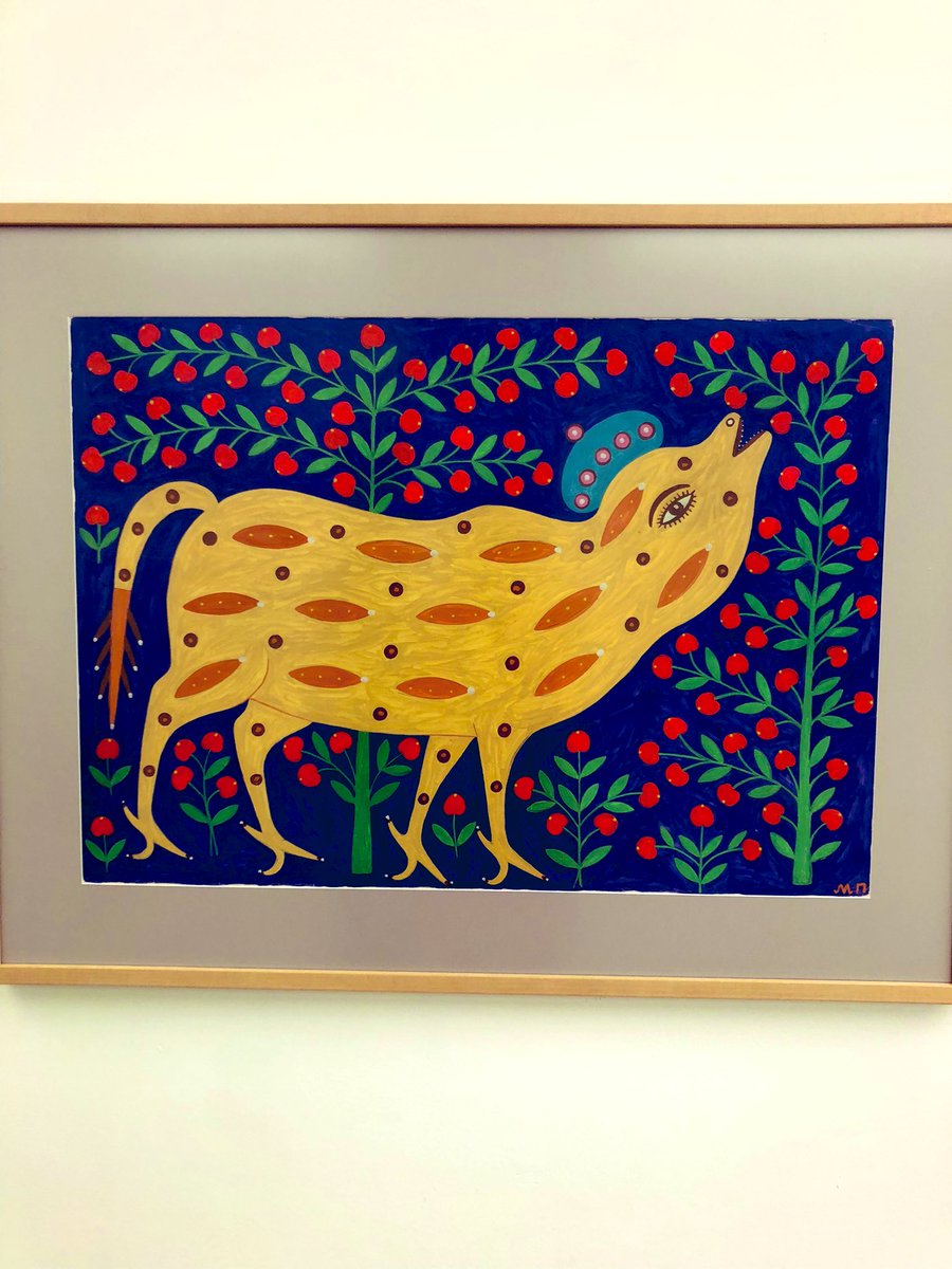 BBC_Olga_M's tweet photo. Enchanting art from my childhood - Maria Prymachenko's 'naïve' mythical creatures embody the essence of Ukrainian folk art. Thrilled to witness her legendary artworks in London and share them with my son. #LondonArt #Ukraine #Prymachenko @saatchi_gallery https://t.co/yxVQvXF8FO
