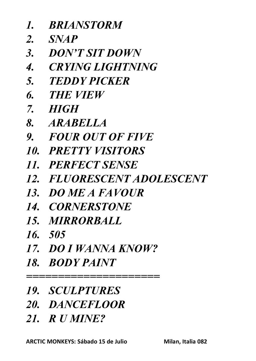 AnnexMonkeys's tweet photo. Arctic Monkeys.
🌍 Gira The Car (Europa)
📍 I-Days Ippodromo SNAI La Maura
🇮🇹 Milán, Italia
📆 Sábado 15 de Julio, 2023
#️⃣ Recital Número 082

Nota: VUELVE TEDDY PICKER!!! Es esto una maravilla! 🧸 https://t.co/TJIdOPImBm