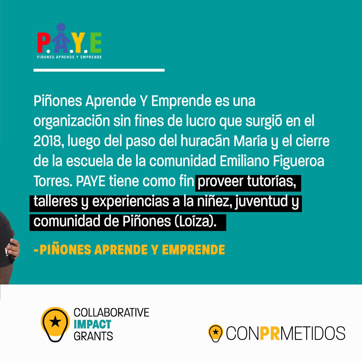 Enfocados en promover el bienestar y la educación de los niños y jóvenes de Piñones en Loíza, este año PAYE celebra 5 años de fundación.

Nosotros celebramos poder apoyarlos a través de nuestro programa Collaborative Impact.
lnkd.in/gjK_qmEM

#CIG #ConPRmetidos #PAYE