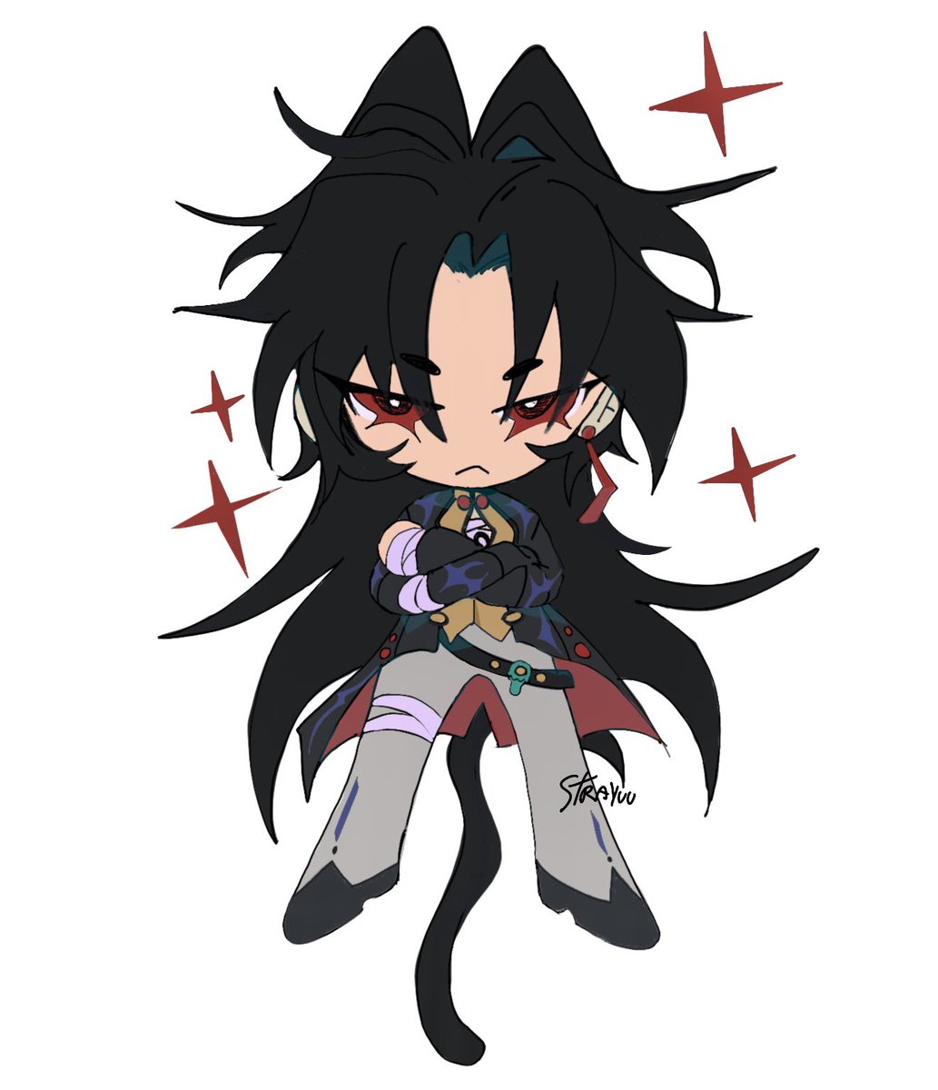 1boy solo male focus black hair long hair red eyes crossed arms  illustration images