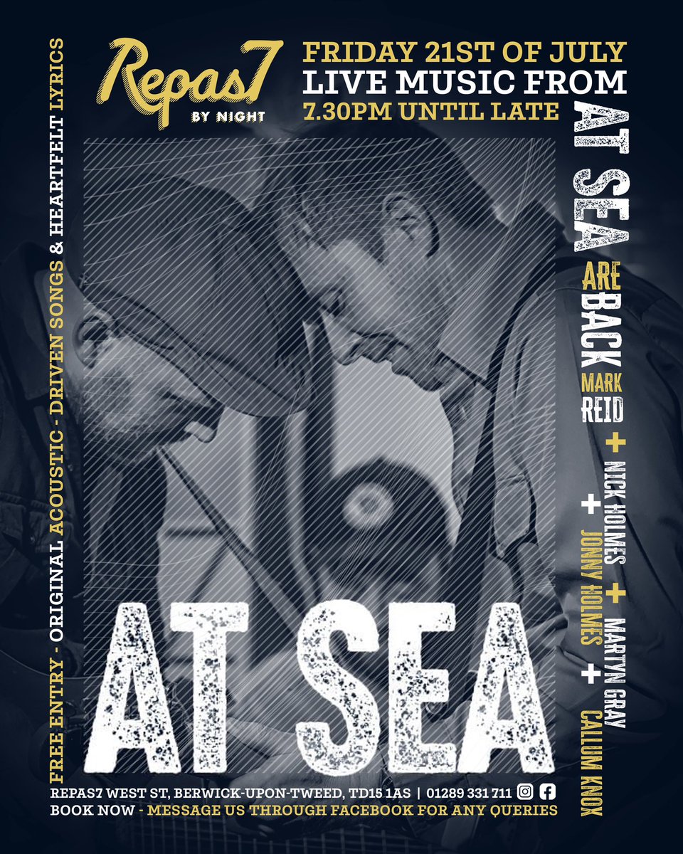 Repas7N's tweet photo. One of the best bands around this Coming Friday (21st of July)- looking forward to At Sea! Bool come aling for 🍕 + tapas specials and for a drink 🥃 🍹 🍸 🍻 🍷 https://t.co/BdYx0DT35f