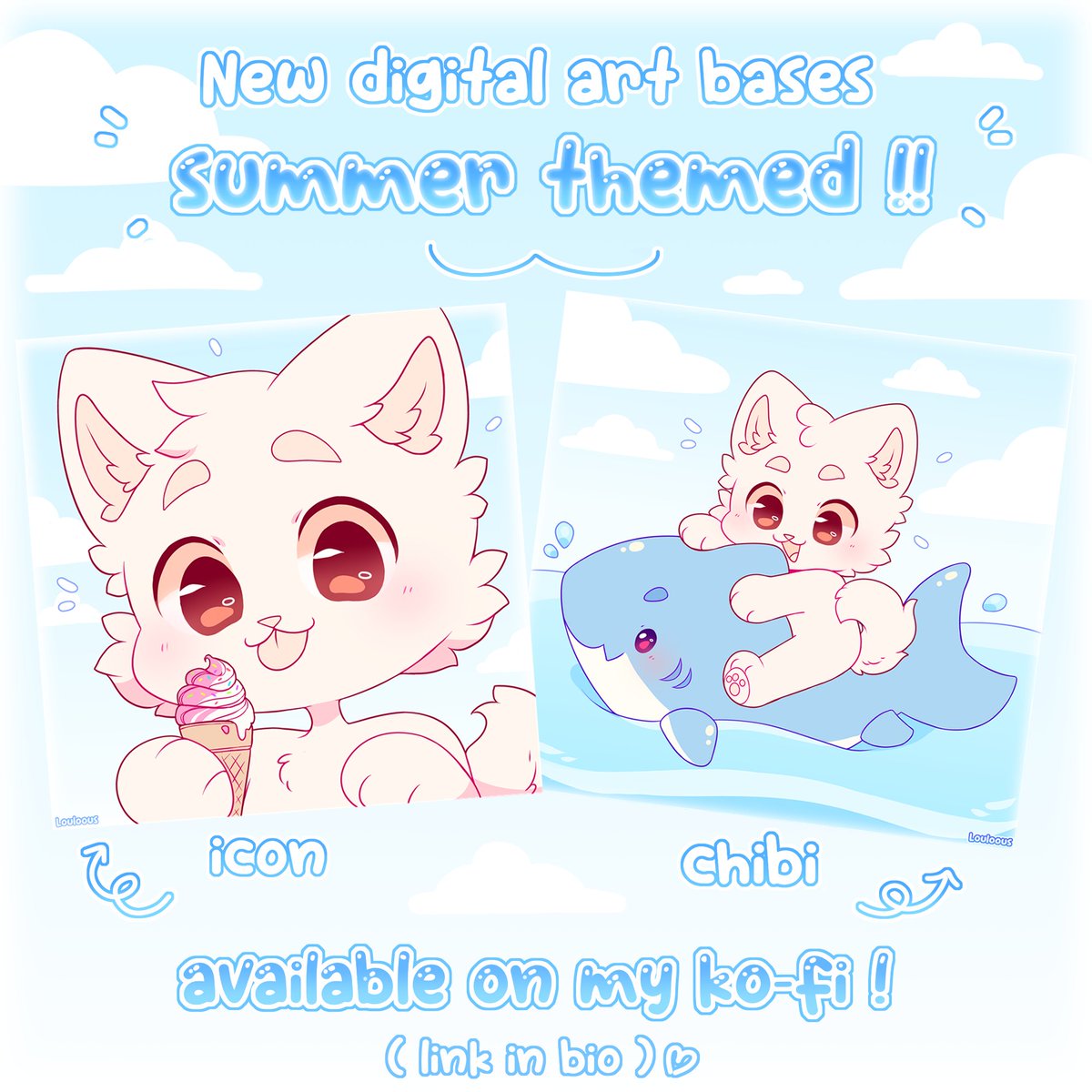 Summer themed art bases are now available to purchase on my kofi !! 🌊🌈

Hope you'll like them ! if you have any question please don't hesitate to ask me 💕

You can find them here : 
> Ko-fi.com/Louloous/shop

(RT always super appreciated ;w; 💖)
--
#furry #furryartist