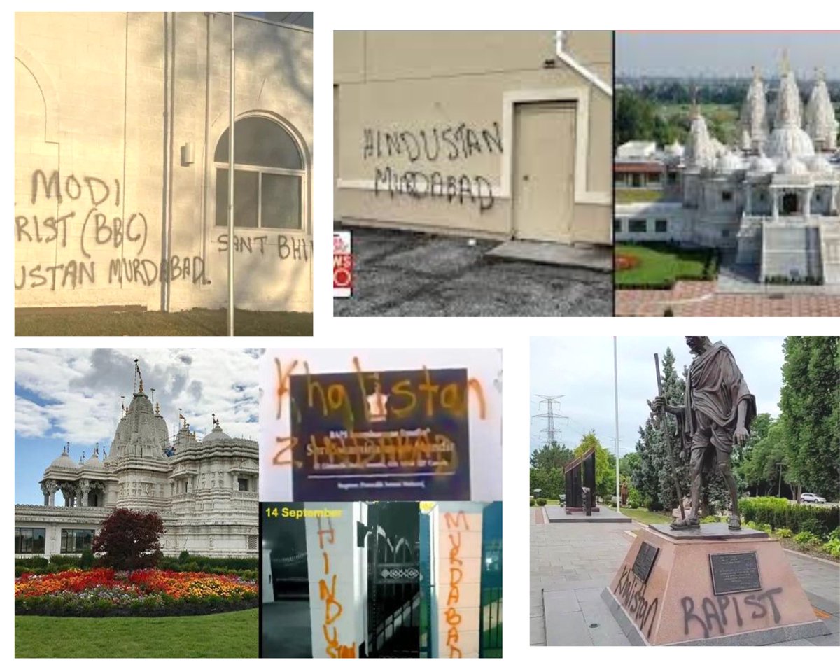 IndiaMish72's tweet photo. Your responsibility exceeds far more than Vienna convention’s obligations. There are 830K practising Hindus who have had to see more than 9 of their temples defaced in past 3 months, that risks the freedom of religion. 

Regrettably, a growing number of individuals within our community have come to view Canada as an inhospitable environment for Hindus. Many among us are contemplating leaving, or at the very least, vacating the townships of Brampton, Surrey, Windsor, and similar locations. The grievance stems, in part, from the fact that individuals with criminal convictions, hooligans, and outlaws have found refuge within your borders, thereby perpetuating the disruption of Canadian values.

@JustinTrudeau, are we welcome to live here? How long must I endure the desecration of my temples? For what duration must I labor to erase the hateful slogans that deface our sacred walls?

You have obligations to us all! You have obligations to Canadian Constitutions that guarantees me freedom of religion without any fear!! 

@OntHumanRights @UNHumanRights  @CBCTerry @SupremeCourtCan