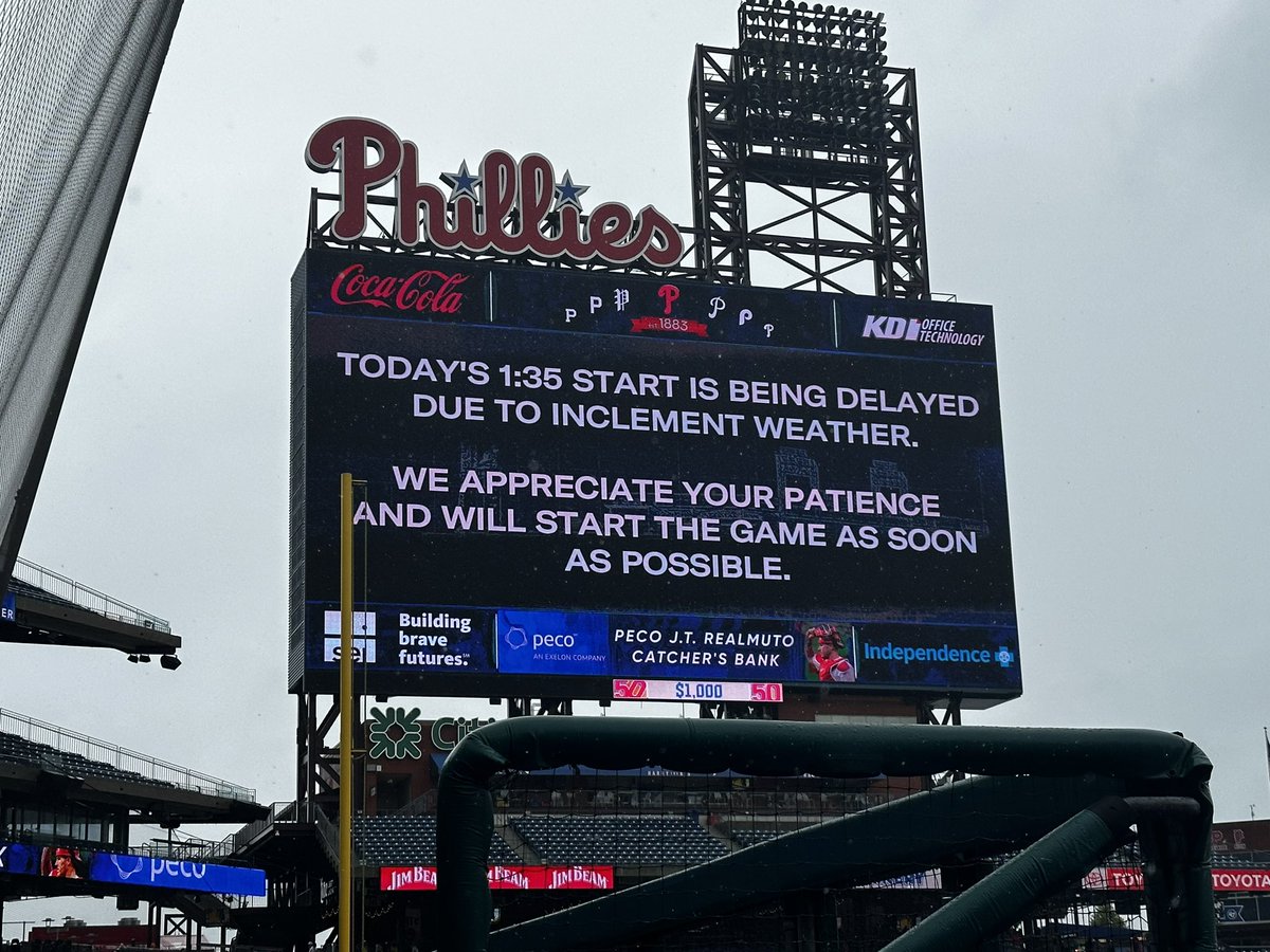Padres's tweet photo. Today’s game scheduled to begin at 1:35 will be delayed because of rain. Further updates will be provided throughout the day. https://t.co/RruoJ3Q5CR