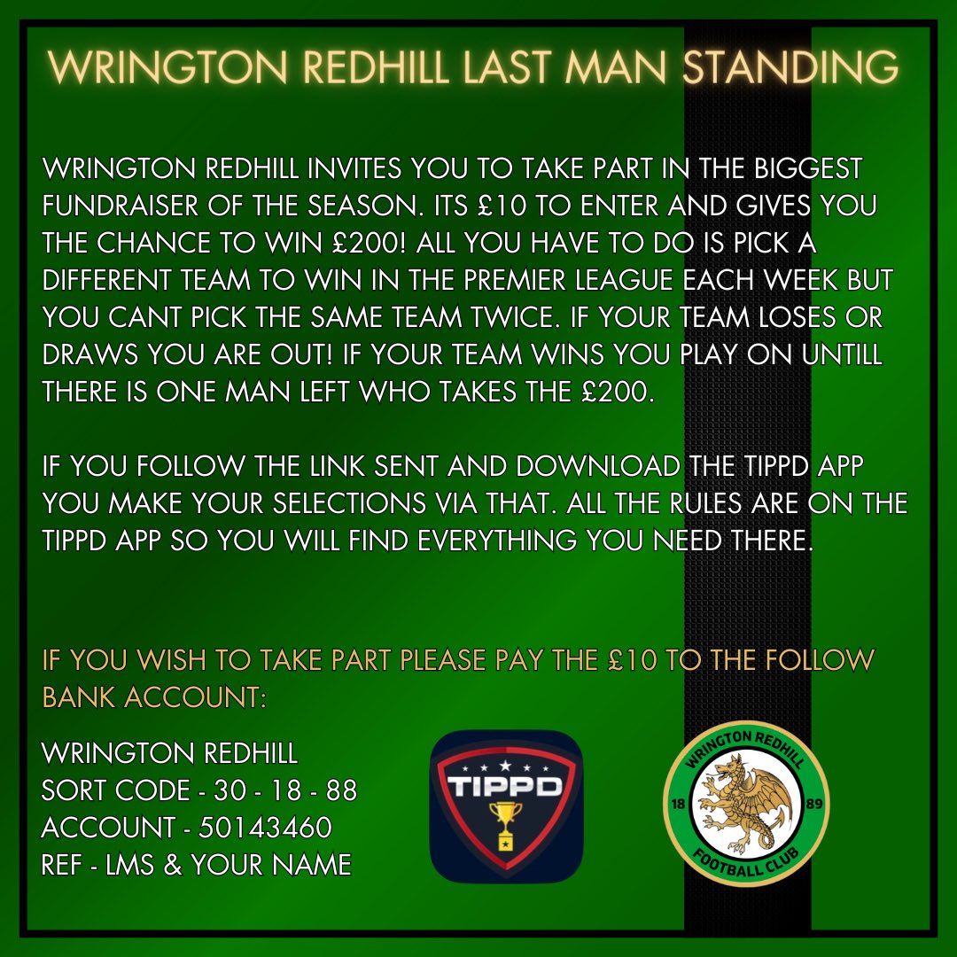 A chance for you to help out a village club and also have the chance to win some money yourself. Easy money to be won if you fancy yourself as a football expert! 

LMS will start on the first game of the season 

Please join by following the link below. 
web.tippd.co/game/g26tYNaTG…