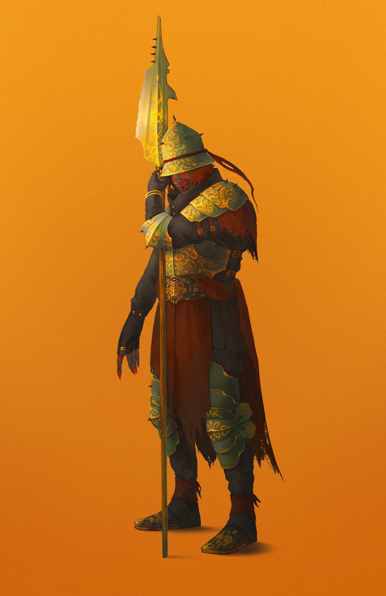 weapon solo helmet orange background armor holding polearm  illustration images