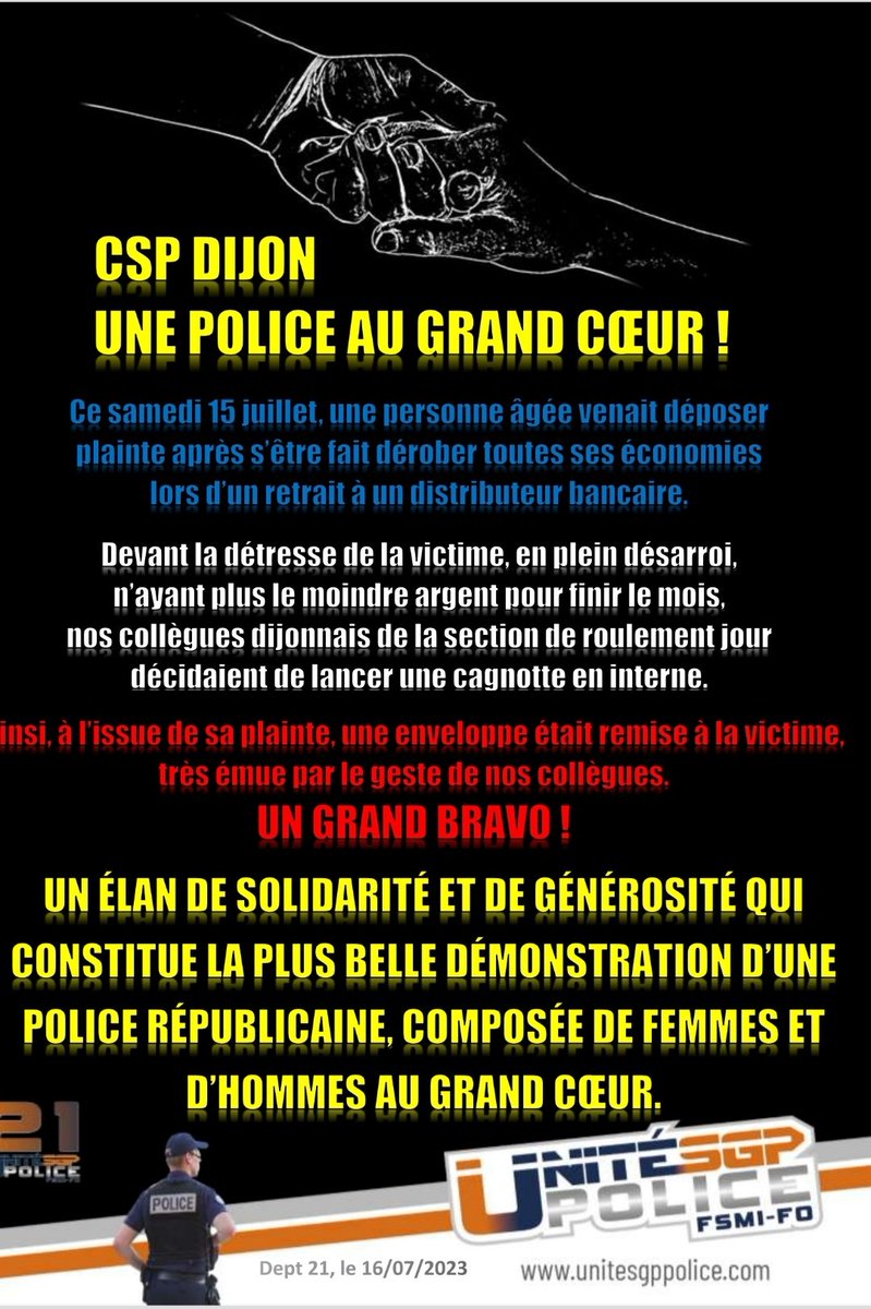 gregjoron_UN1TE's tweet photo. Bravo à nos policiers dijonnais pour leur beau geste à l'endroit d'une personne âgée victime.
Très loin des caricatures et des raccourcis que certains s'emploient à distiller chaque jour.
#goodjob
#SoutienFDO
⬇️⬇️⬇️ https://t.co/GMpr2Qvumh