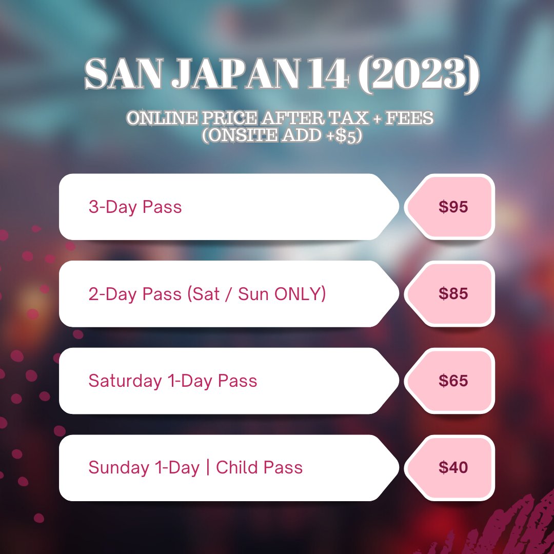 1-Day &amp; 2-Day Passes go on sale today 7/16 at 12PM. Here are the online prices after taxes &amp; fees.

We no longer offer Friday 1-Day passes.

Onsite purchases will add $5 per pass.

All passes will be available at sjani.me/sj14