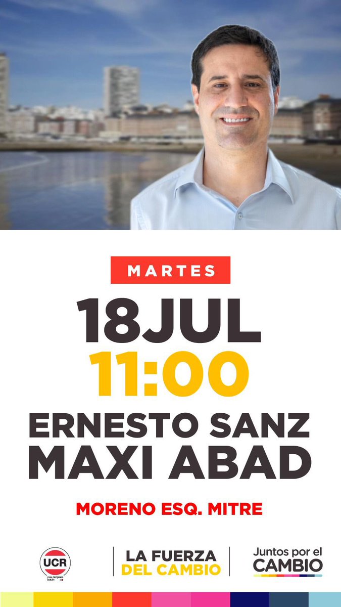 🇵🇱 Somos la Fuerza del Cambio 🇵🇱

🗣️ Ernesto Sanz
🗣️ Maxi Abad

📆 Martes 18 de julio
🕚 11.00hs
📍 Apertura local radical - Moreno esq. Mitre, Mar del Plata

#LaFuerzaDelCambio
#JuntosporElCambio
#UnionCivicaRadical
#ConstruyendoDemocracia