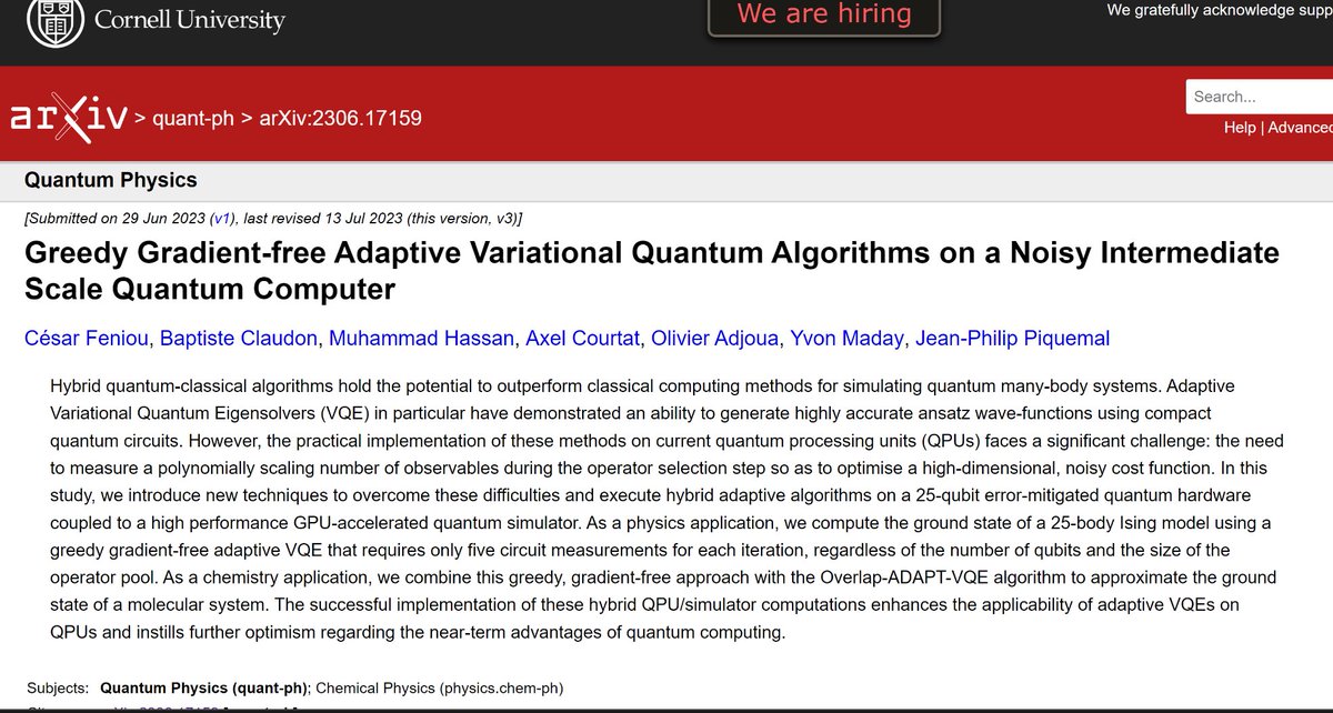 #QuantumComputing #compchem #HPC #supercomputing New group #preprint: Greedy Gradient-free Adaptive Variational Quantum Algorithms on a Noisy Intermediate Scale Quantum Computer. arxiv.org/abs/2306.17159