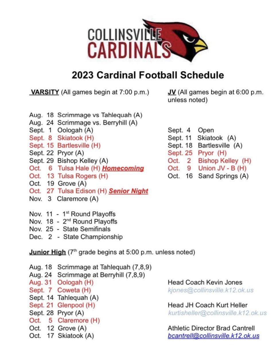 Coach_TDaniels's tweet photo. ⁦@collinsville_fb⁩ 2023 Season for JH/9th/JV and Varsity  🏈 Season is quickly approaching and WE cannot wait to kickoff! https://t.co/VKQXeH3jvS