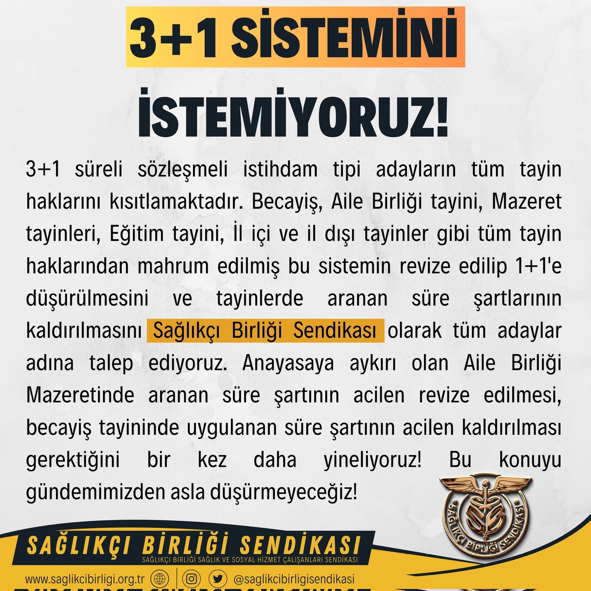 3+1 süreli sözleşmeli istihdam tipi adayların 4 yıl boyunca hapis hayatı yaşamasına sebep olmaktadır. Memurlar arasında çalışma barışını sağlamak ve ailelerine, memleketlerine kavuşturmak için 3+1 sisteminin #tayinde1artı1 olarak revize edilmesini talep ediyoruz! <a href="/RTErdogan/">Recep Tayyip Erdoğan</a>