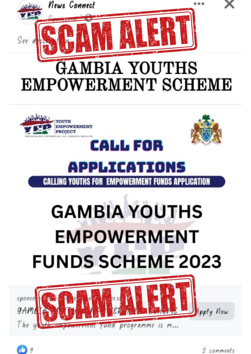 yepgambia's tweet photo. Scam Alert 🚨 

We would like to inform the public that we are currently not offering any funding schemes, and any messages or posts claiming to be from us with our logo offering such schemes are false. 

We advise everyone to disregard these messages and not click on any links. https://t.co/0O8DKDTvLX