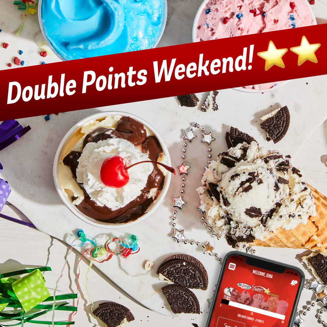 Celebrate National Ice Cream Day at Bruster's with DOUBLE POINTS! Earn double sweet rewards on every delicious purchase this weekend only. 🍒 Offer ends today! Not a member? Sign up online.