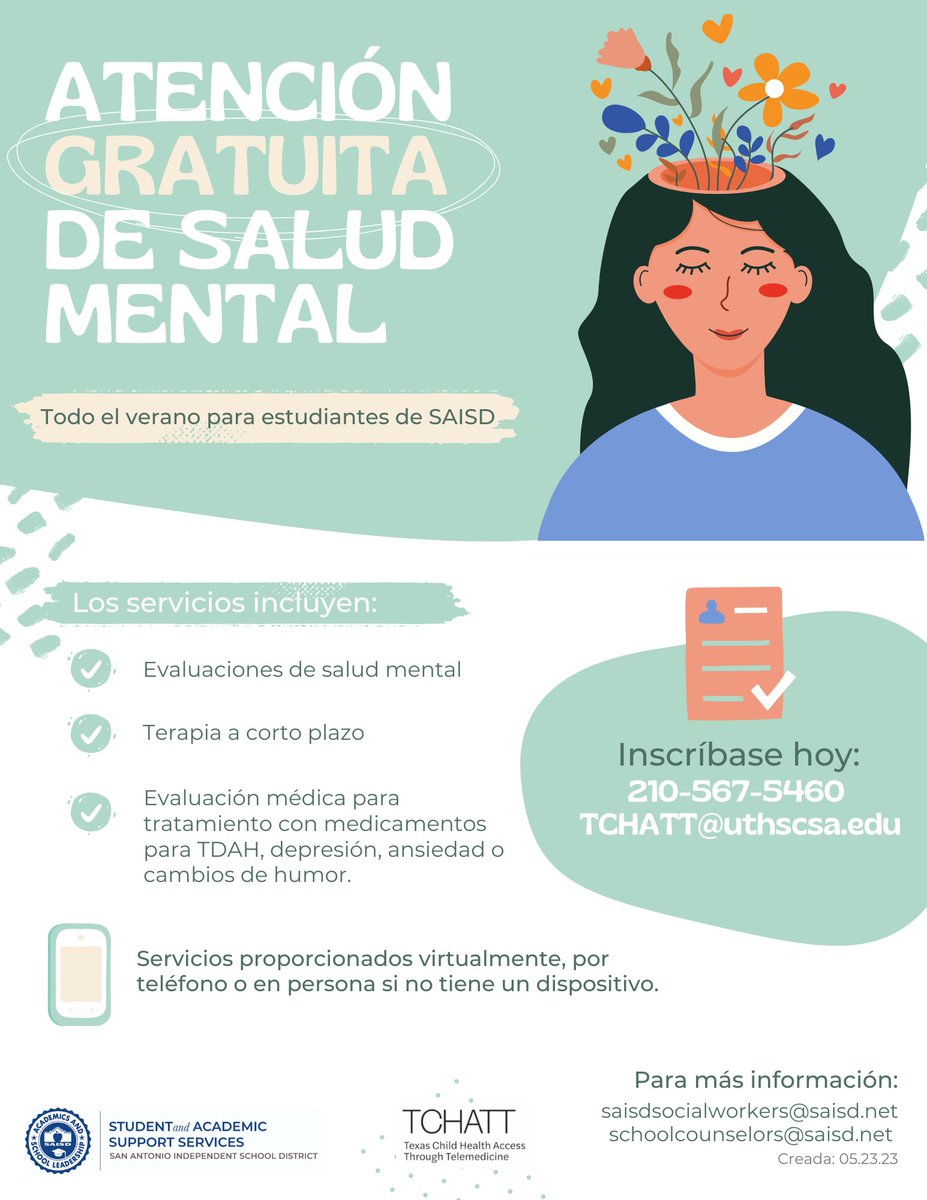 UT Health San Antonio’s THCATT program offers free mental health services all summer for SAISD students. 
📞 210-567-5460

El programa THCATT de UT Health San Antonio ofrece servicios gratuitos de salud mental durante todo el verano para los estudiantes de SAISD.
📞 210-567-5460