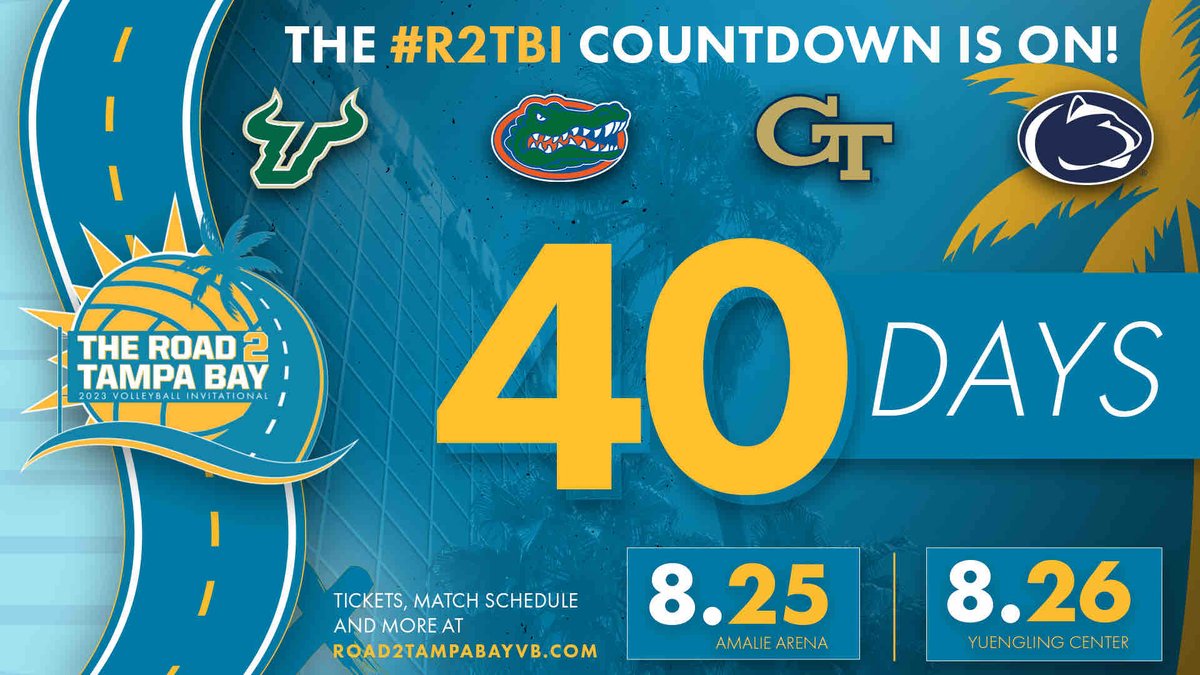 SportsTampaBay's tweet photo. We’re 4️⃣0️⃣ days away from the launch of the ‘23 NCAA Volleyball season as the Road 2 Tampa Bay Volleyball Invite brings together four great teams for two nights of exciting action @AmalieArena &amp; the @yuenglingcenter! Visit https://t.co/soRDTfz5sJ for tix, schedules &amp; more! 🏐🌴 https://t.co/ikg855Ae6r