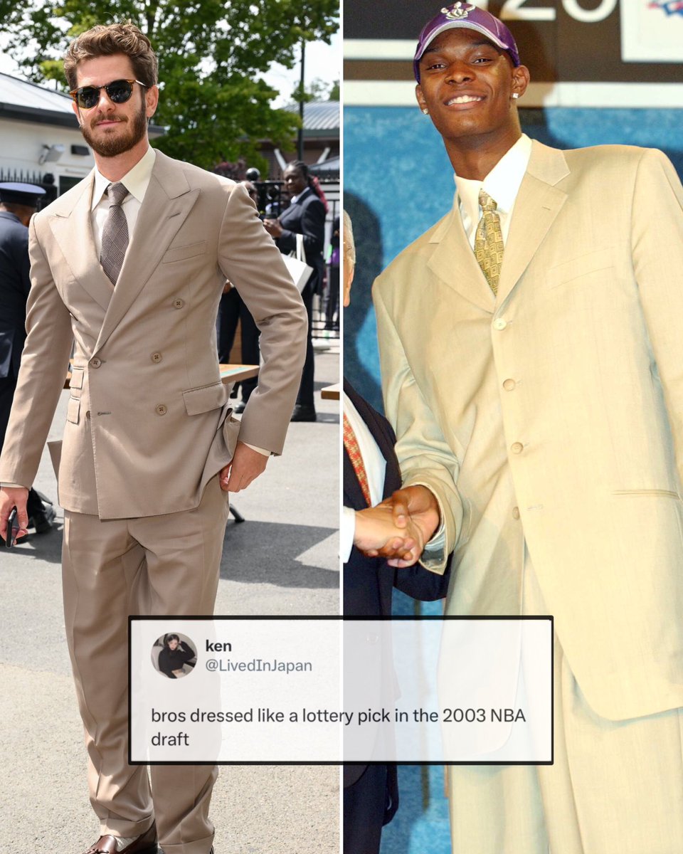 jadenecurry's tweet photo. RT @BleacherReport: People had jokes for Andrew Garfield's
Saturday Wimbledon fit 🤣😭

(h/t @LivedInJapan) https://t.co/MQUqnWQFAX