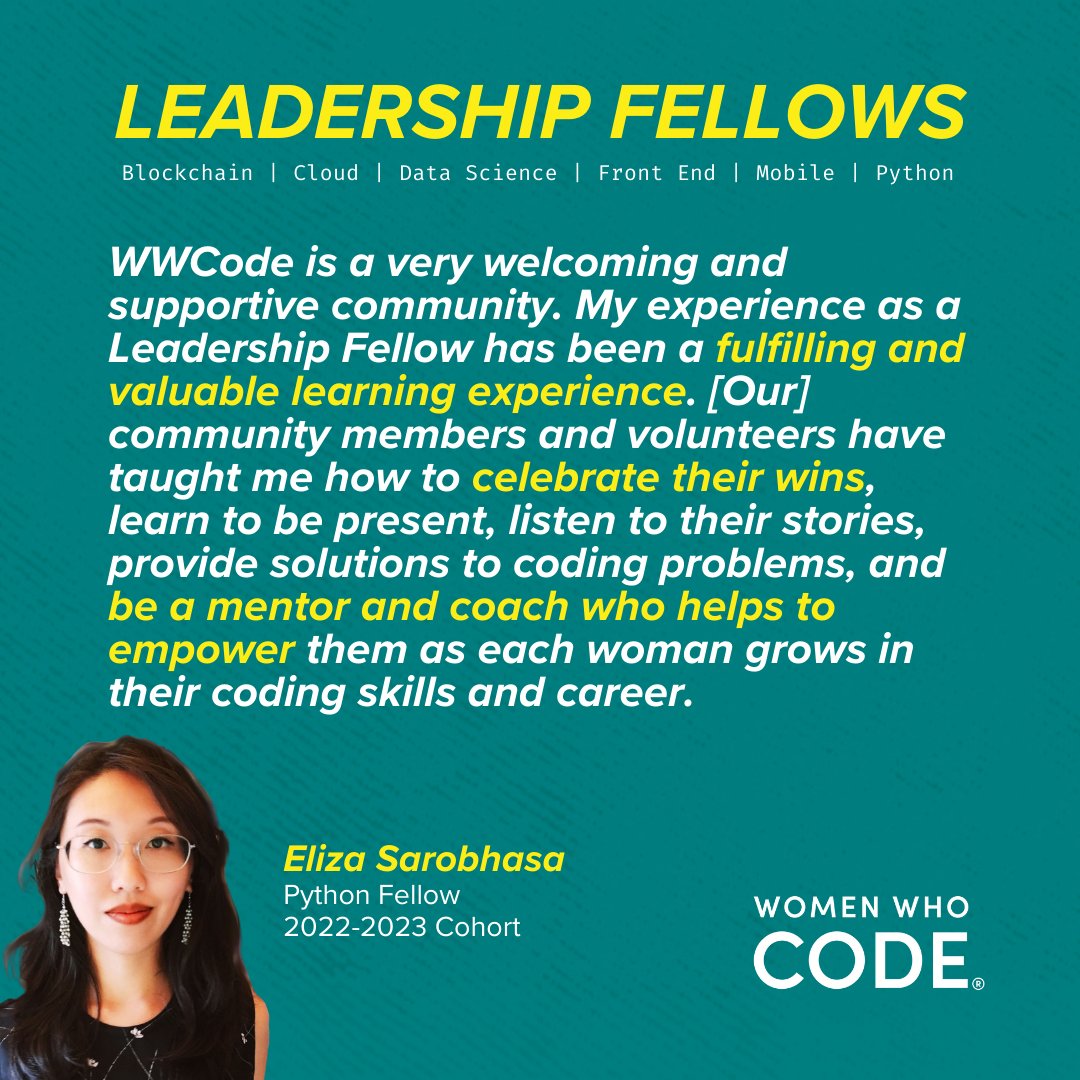 womensoftwarepy's tweet photo. Celebrating #wcode technologists who practice their leadership skills and give back to the community✨
- Eliza Sarobhasa, Python Fellow, 2022 @gravitytrope @gravitydrift @elizacode
📹 https://t.co/TfpX1O1jKS - Current & legacy WWCode Leadership Fellows share their experiences https://t.co/3u13y6J1oe