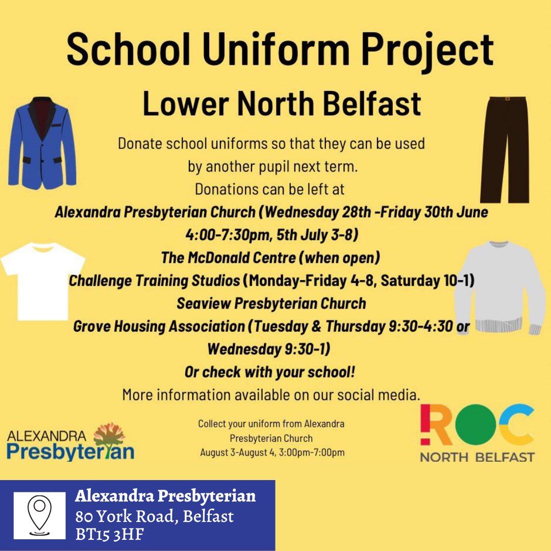 ROC_NI's tweet photo. There is still time to donate to our School Uniform Projects in #ballysillan #glengormley #northbelfast and #westbelfast so if you have any brand new or pre-loved uniform items please donate to one of our locations near you!
#rocnorthernireland #schooluniformproject https://t.co/fHahKV7Jc6