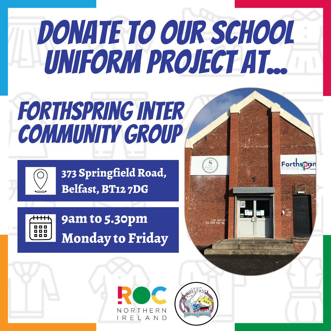 ROC_NI's tweet photo. There is still time to donate to our School Uniform Projects in #ballysillan #glengormley #northbelfast and #westbelfast so if you have any brand new or pre-loved uniform items please donate to one of our locations near you!
#rocnorthernireland #schooluniformproject https://t.co/fHahKV7Jc6