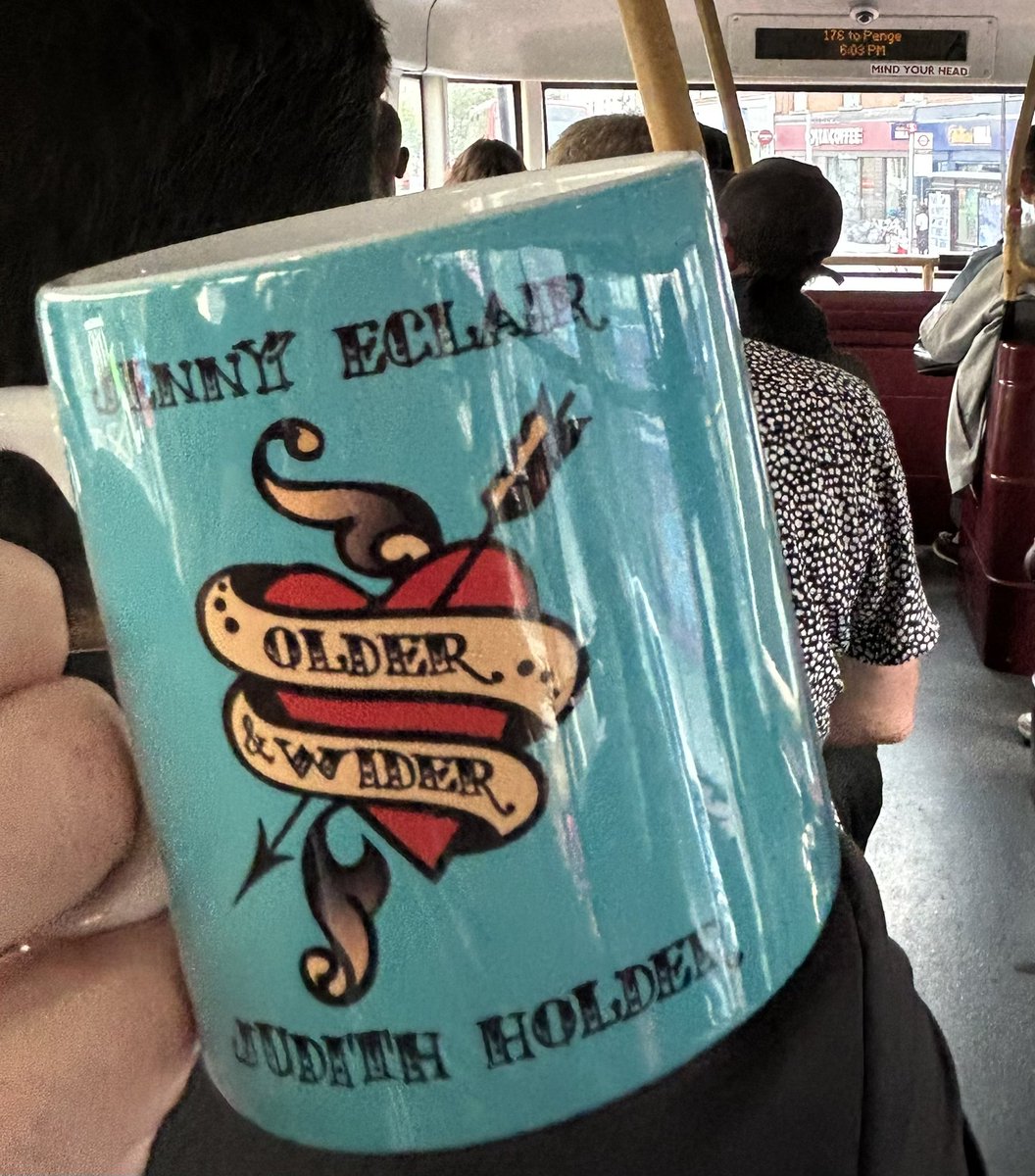 aAndrewSmith's tweet photo. Taking this fine mug on the 176 to Penge….@jennyeclair https://t.co/0bDu9haJzb