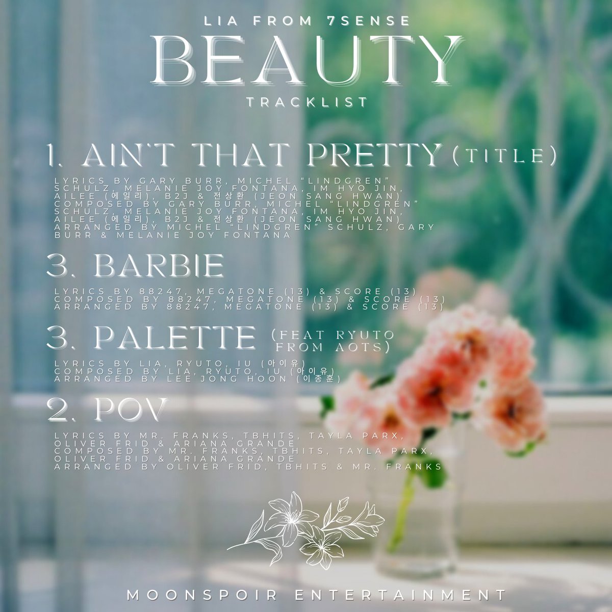 moonspoirent's tweet photo. LIA — 1ST MINI ALBUM
'BEAUTY' Tracklist
✅17.07.2023
#7SENSE #LIA #SOLO #DEBUT #COMING_SOON #COMING #SOON #SOLOIST #BEAUTY #AINTTHATPRETTY #PALETTE #POV #RYUTO #AOTS #NEWARTIST #1STMINIALBUM #OFFICIAL #JULY #DEBUT_PROJECT #MOON #ESPOIR #STAR #START #FKPOP #KPOP #FICTIONAL https://t.co/ka4OSmKqsS