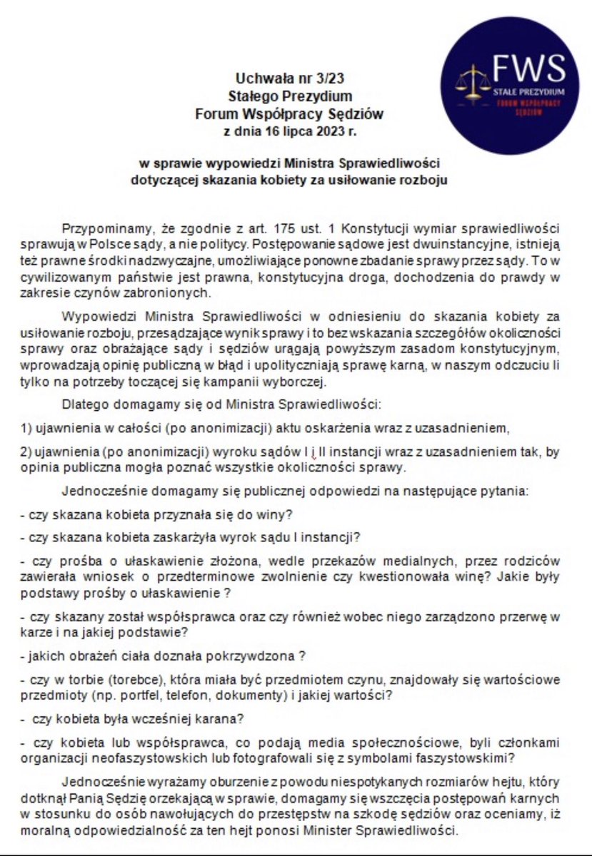 forumfws's tweet image. Uchwała 3/23 z dnia 16 lipca 2023 r. SP FWS w sprawie wypowiedzi Ministra Sprawiedliwości dotyczącej skazania kobiety za usiłowanie rozboju. forumfws.eu/uchwaly/2023/0… @ZiobroPL @JudgesSsp @ThemisSedziow @PiotrZytnicki
