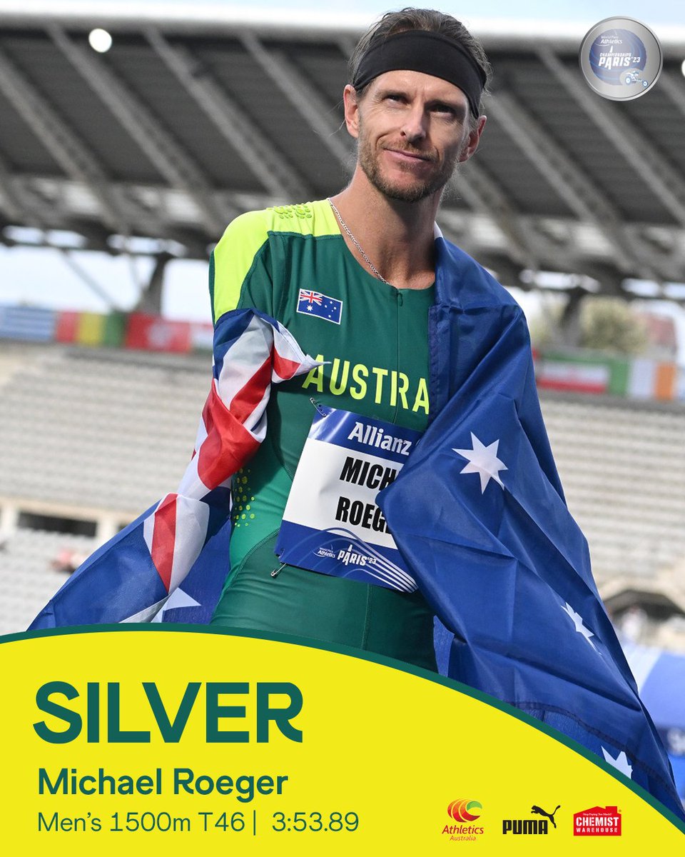 Silver success for <a href="/michaelroeger/">Michael Roeger</a> 🥈

A bittersweet ending to the 1500m T46 Final for the distance supremo, as he led from the front only to overtaken in the last 80m. Roeger drapes the 🇦🇺 flag over his shoulders once again to claim silver in 3:53.89.  

#ThisIsAthletics