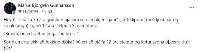 gunnarfreyr75's tweet photo. Ókei, hversu krípí er það af fullorðnum manni að láta svona út úr sér við 12 ára stelpu? https://t.co/bq4pkfIrsX