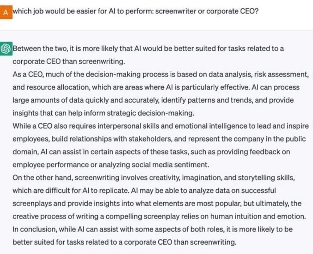 RKKingWrites's tweet image. I’ll just leave this right here. Answered by A.I. itself… #wga #writerstrike #SAG #actorstrike
