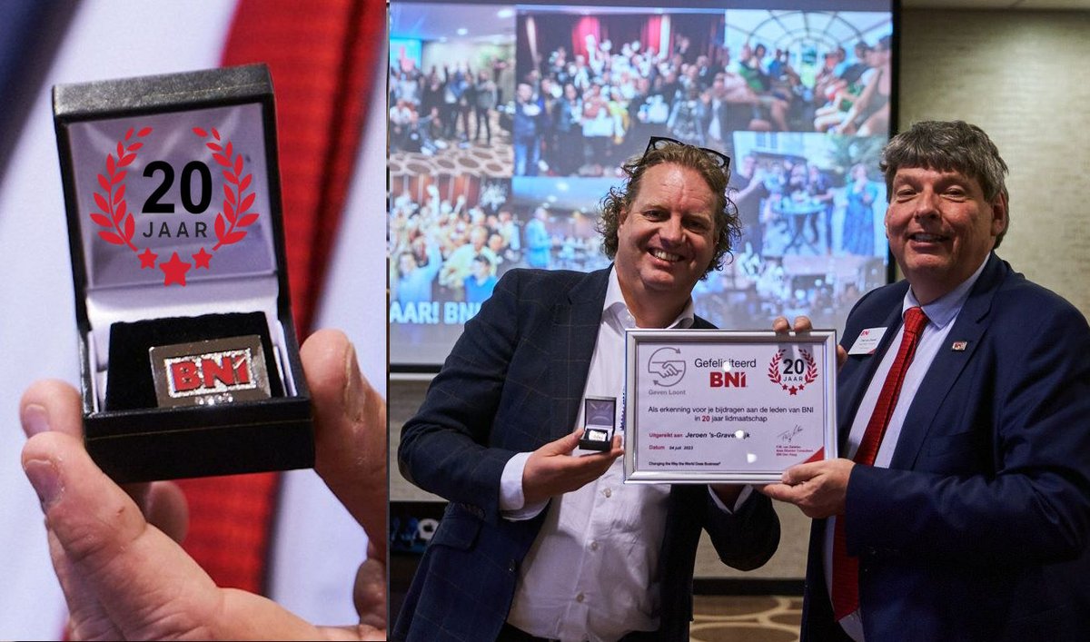 Jeroen 's-Gravendijk van TNMF - The New Media Factory - Social Media Bureau💫💼🎉 Gefeliciteerd met 20 jaar toegewijd lidmaatschap van BNI Merquess, in Nootdorp! 💫💼🎉