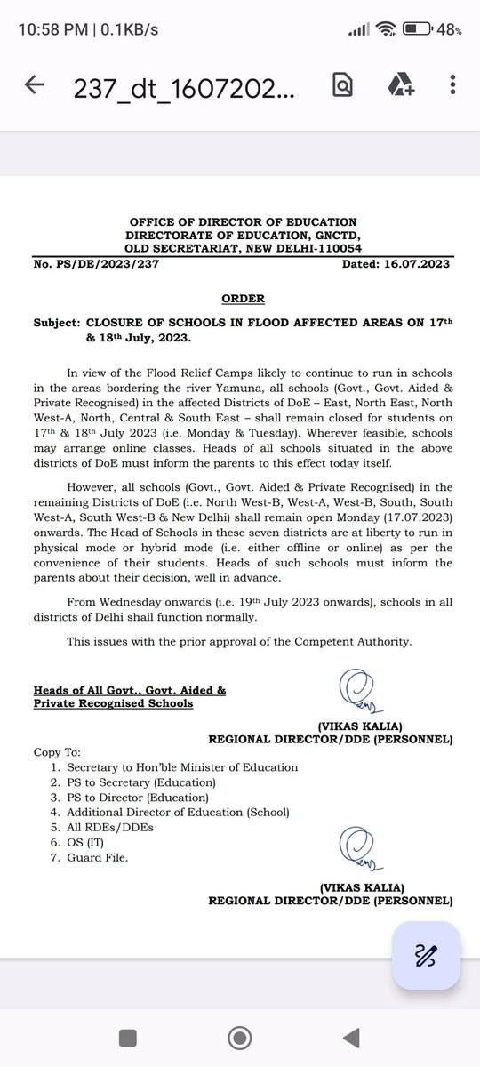 School will remain closed in affected areas as given in attached order.