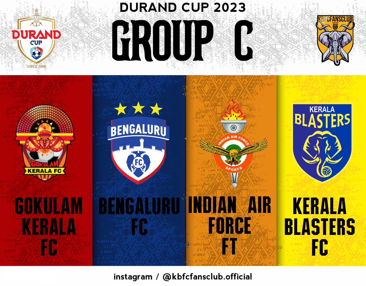 vishxprime's tweet photo. Durand Cup 2023
GROUP C
• GOKULAM KERALA FC
• BENGALURU FC
• INDIAN AIRFORCE FT
• KERALA BLASTERS FC
We can see South Indian derby and also Kerala derby 🤝
#alwayswithblasters #kbfcfansclub
#durandcup #groupc #kbfcvbfc #kbfcvgkfc #derby #indianfootball https://t.co/zjTHKswm9i