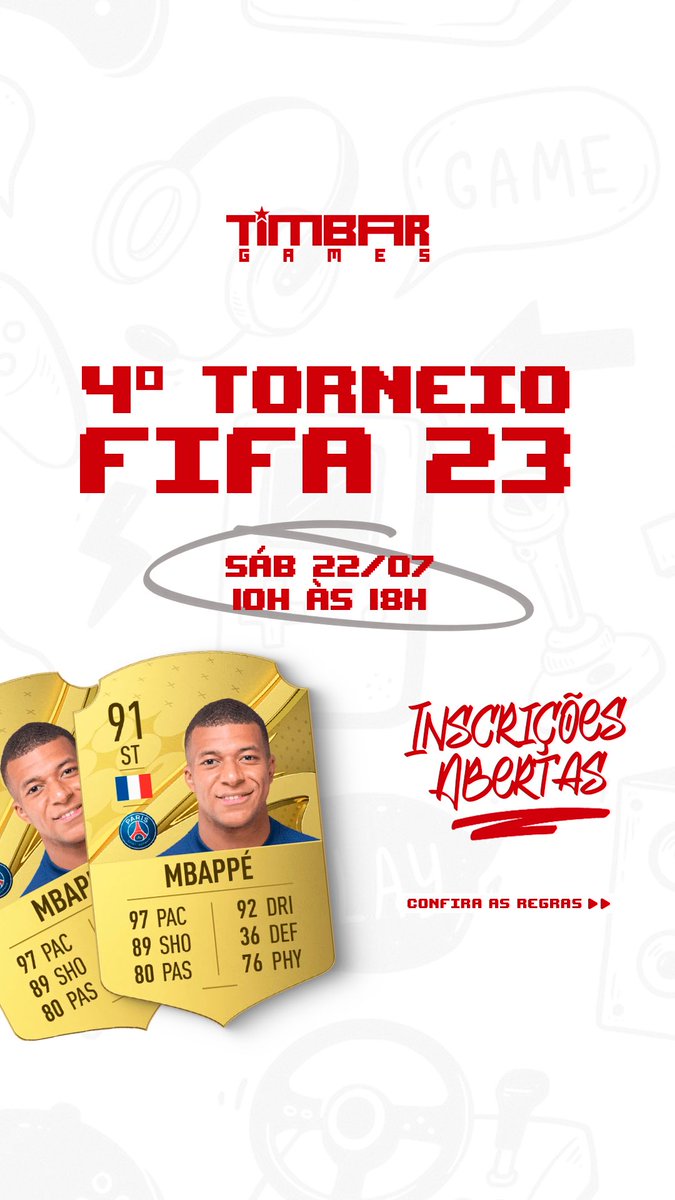 timbaroficial's tweet photo. Vai ter um novo torneio FIFA aqui do Timbar! Vem se divertir e concorrer a prêmios 🎮⚽

Nossa maratona de FIFA vai ser próximo sábado dia 22/07, a partir das 10h!

Pra se inscrever basta clicar no link abaixo 📲l

https://t.co/lz7hJZW8j6 https://t.co/mkHhNFwU0H