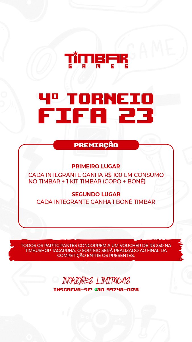 timbaroficial's tweet photo. Vai ter um novo torneio FIFA aqui do Timbar! Vem se divertir e concorrer a prêmios 🎮⚽

Nossa maratona de FIFA vai ser próximo sábado dia 22/07, a partir das 10h!

Pra se inscrever basta clicar no link abaixo 📲l

https://t.co/lz7hJZW8j6 https://t.co/mkHhNFwU0H