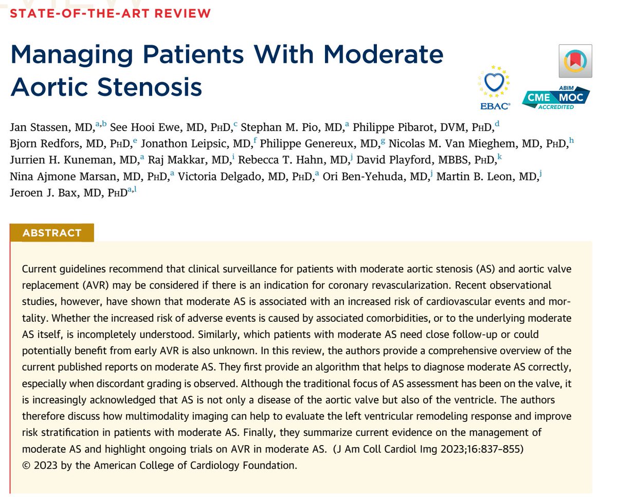 📌REVISIÓN. Estenosis Aórtica Moderada (EAM).
📕Definición: 1) Vmax 3 - 4 m/s, 2) Gmedio 20-40 mmHg, 3) AVA 1 -1.5 cm2 o AVAi 0.60-0.85 cm2/m2. 

1⃣0⃣Mensajes:
🔸Evaluar válvula y ventrículo👀.
🔹Discrepancias gradientes ≠ área (AVA).
🔸¿EAM⬆️mortalidad?⬆️fibrosis #whyCMR💔