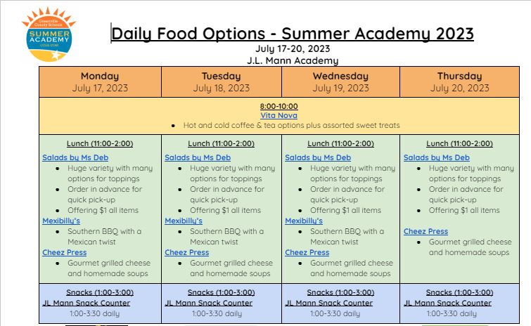 Counting down the hours until <a href="/gcssummeracad/">GCS Summer Academy</a> ! Check out the yummy Food Trucks: Vita Nova Coffee, Salads by Deb, Mexibilly's, Cheez Press along with Hometown Girl Mobile Boutique for retail therapy. We can't wait to see you at JL Mann. #GCS #greenvillecountyschools #summeracademy