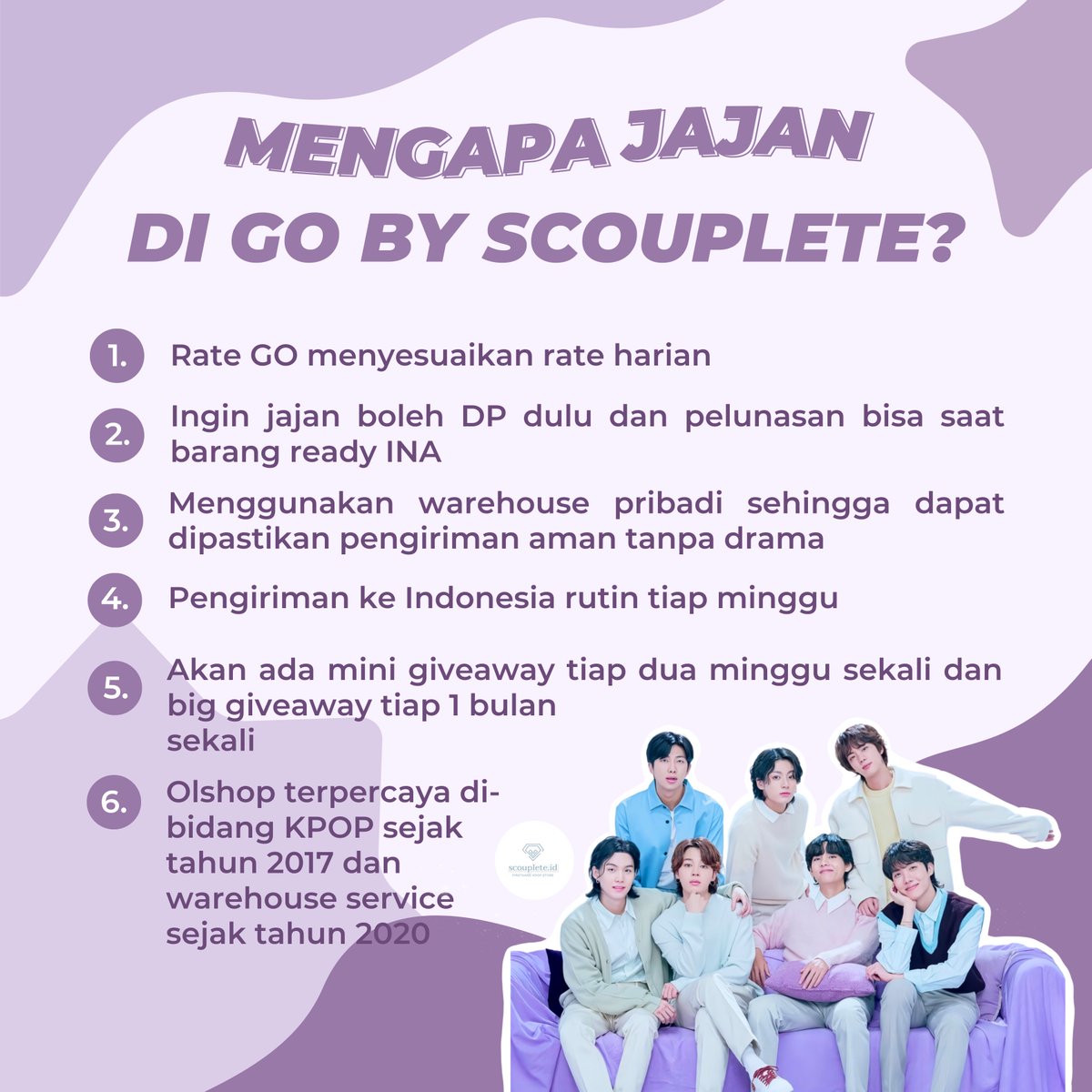 [BTS] GO by <a href="/scouplete_id/">D'ELKAFI KPOP STORE (PREVIOUSLY SCOUPLETE.ID)</a> ⭐️

Buat kamu yang bingung mau jajan album, goods or merch BTS dimana, bisa banget nih cek &amp; join GO kami yuk! ⬇️

bit.ly/BtsScouplete

Bakal sering adain promo potongan EMS TAX lho! 🥳
