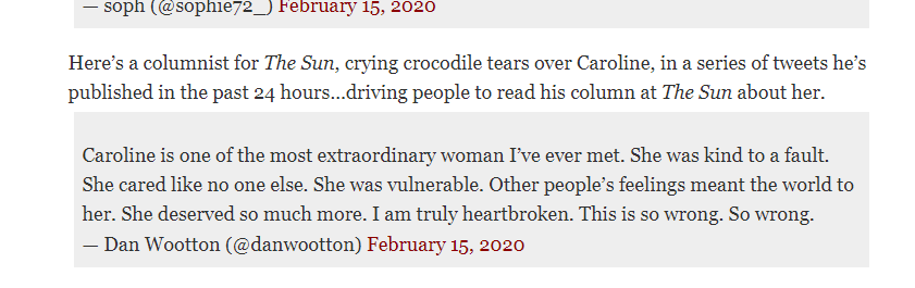 #DanWoottonExposed 

2020:

The Tabloid Media Bullied Caroline Flack to Death
https://t.co/B3HzUXs9Kg https://t.co/skxLh00d7O