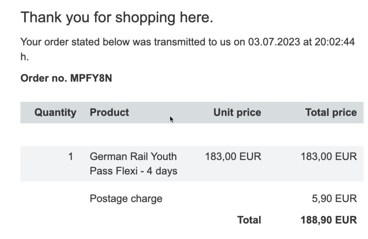 lcamiro's tweet photo. @DB_Bahn This is the booking and it was charged to my Credit Card on July 4. The order details are attached. https://t.co/YLmhRrMCRr
