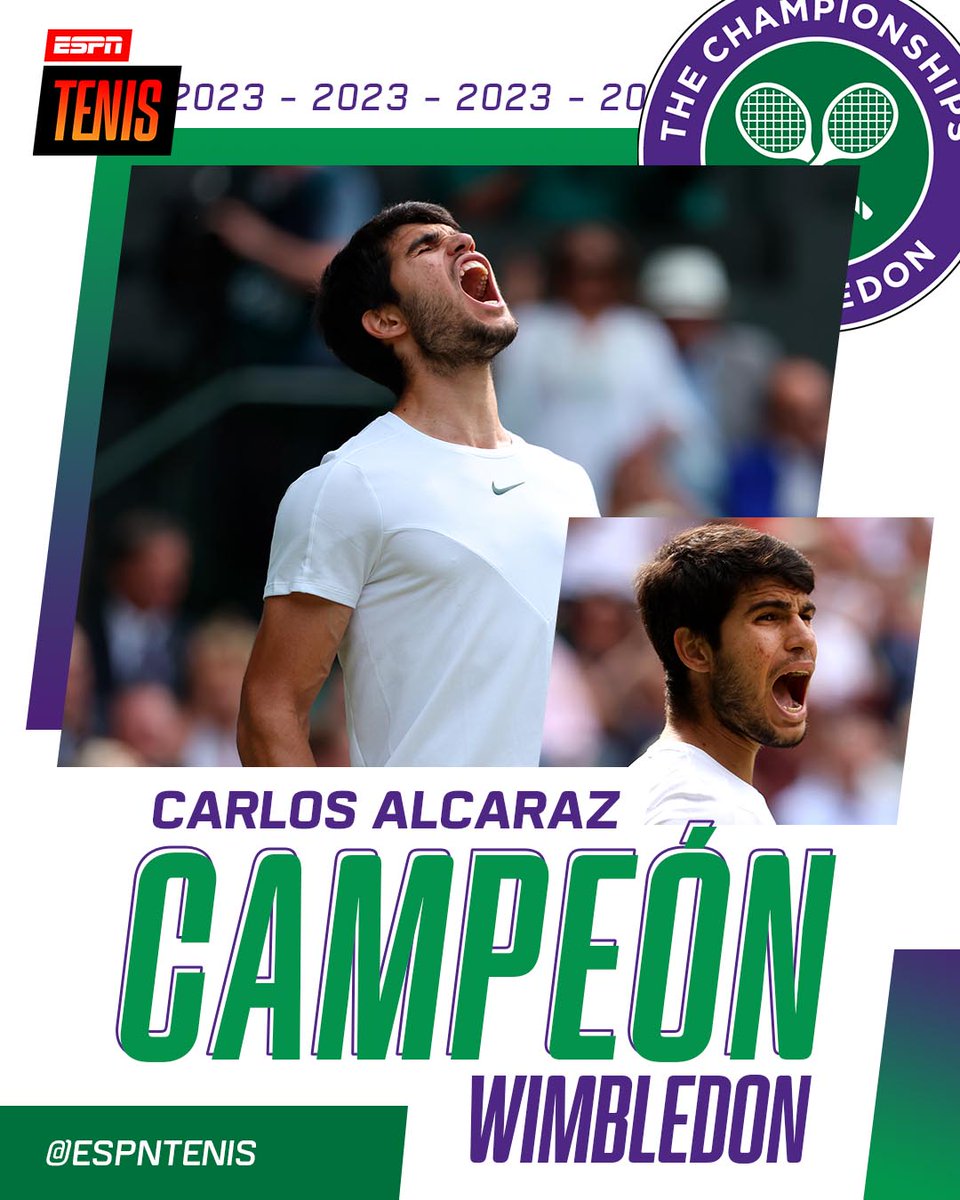 ESPNtenis's tweet image. ¡UN GOLPE A LA HISTORIA! 👊🇪🇸

Carlos Alcaraz le arrebató el Grand Slam 24, el octavo #Wimbledon a Novak Djokovic, y se anotó el segundo Major de su carrera a los 20 años. 😱

🏆1️⃣ 1-6, 7-6 (6), 6-1, 3-6 y 6-4 para el reinante N°1 del ranking ATP.