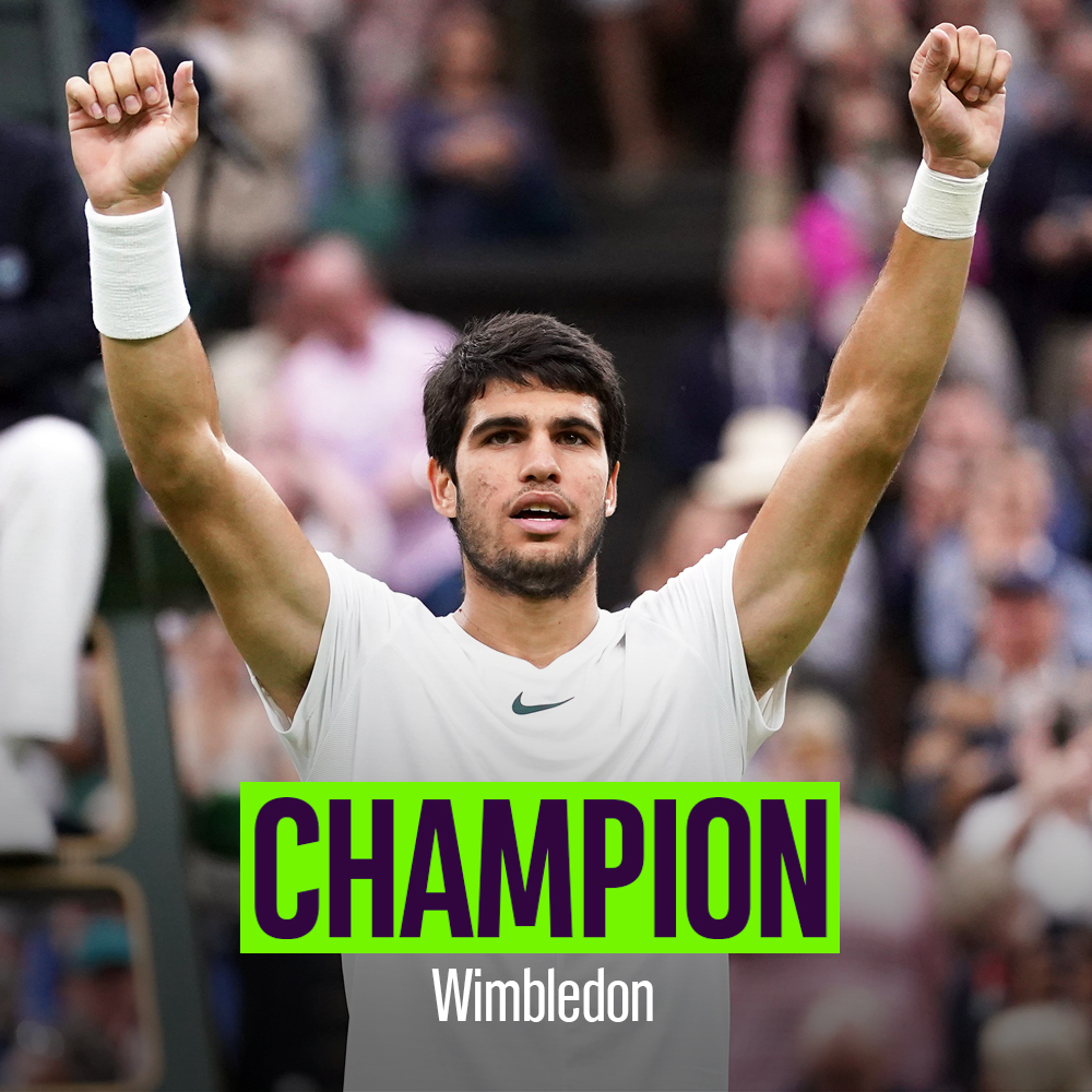 WeAreTennis's tweet photo. ALCARAZ TRIUMPHS IN WIMBLEDON 👑

GIGANTIC Carlitos who manages to defeat the defending champion Novak Djokovic 1-6 7-6 6-1 3-6 6-4 after a stunning final to win his 1st title on London's grass!

2nd Grand Slam title in 2 finals 🏆🏆 https://t.co/CvyfQPxJjv